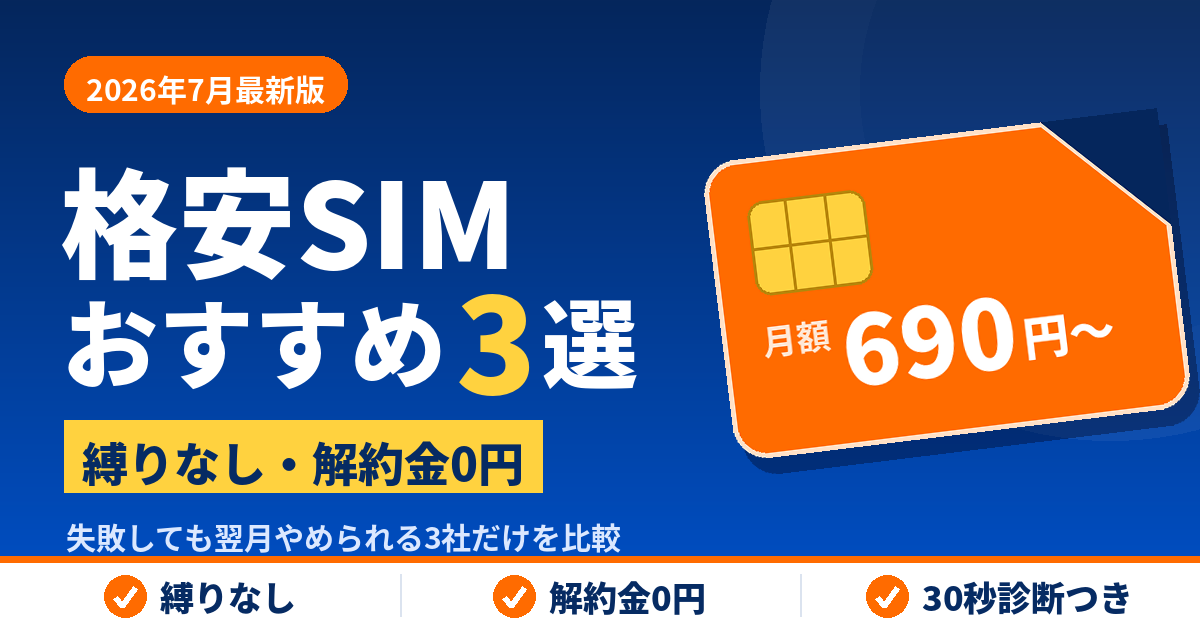 「【2026年7月】縛りなし・解約金0円の格安SIMおすすめ3選｜30秒診断で最安値のキャリアを選ぼう」のアイキャッチ画像